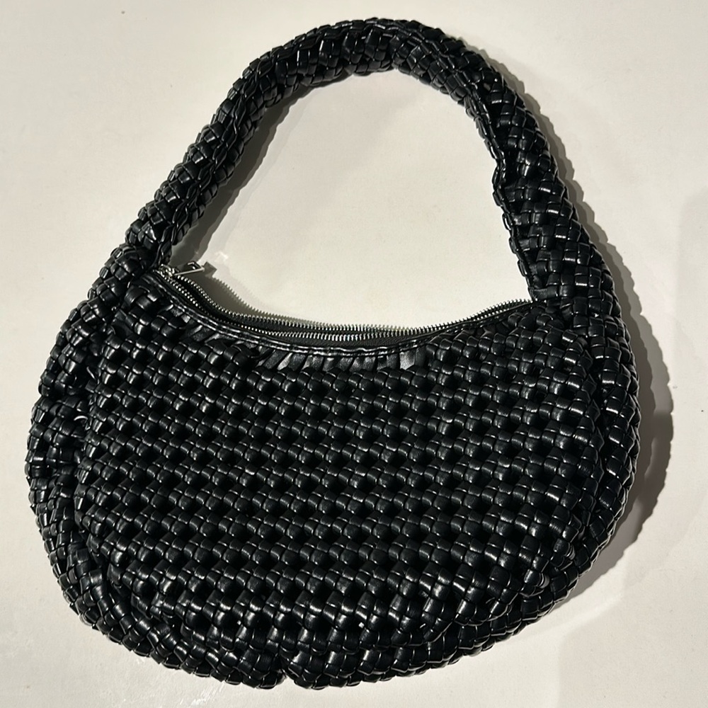 Black woven hobo bag
